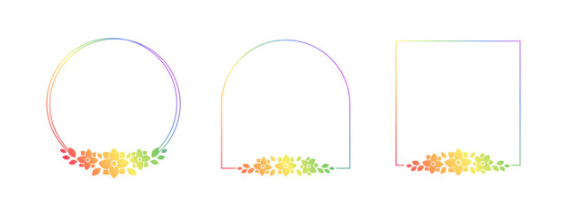 Rainbow floral frame template set. Pride Month Frame Border Design Element. Vector art with flowers and leaves.