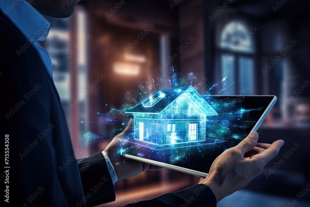 Poster smart home setup control from your phone or tablet. a modern living space equipped with smart home d