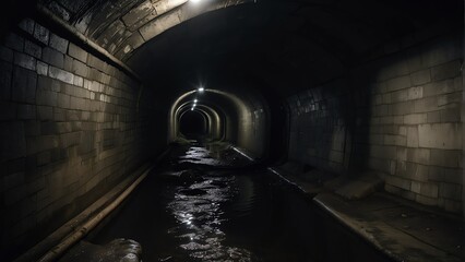 Underground sewer tunnel abandoned dark scary dirty passage, noir concept from Generative AI