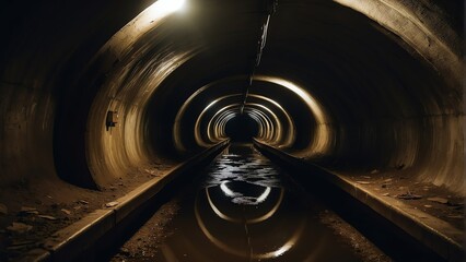Underground sewer tunnel abandoned dark scary dirty passage from Generative AI - obrazy, fototapety, plakaty
