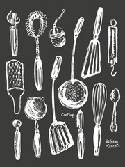 Hand drawn kitchen utensils set, chalk sketch