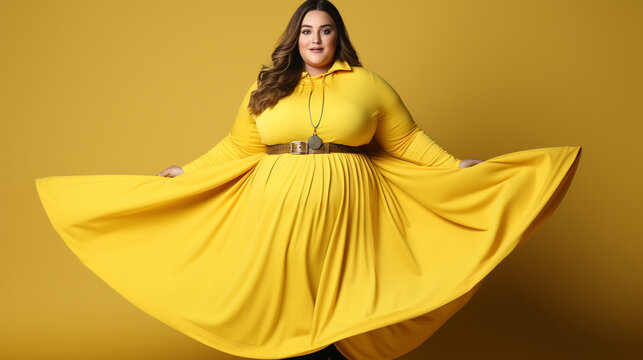 Body confident woman embracing her body, expressing self-love and self-acceptance. Young plus-size woman standing in a studio in fitness clothing, embracing her natural physique with joy.
