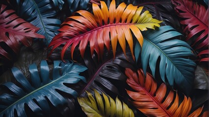 Rainbow colored plant tropical leaves background pattern wallpaper from Generative AI
