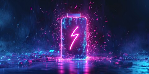 Lithium Ion Battery With A Lightning Bolt Icon , Fireworks Illuminated With Neon Indigo Light Battery Shape On Dark Battery Shape - obrazy, fototapety, plakaty