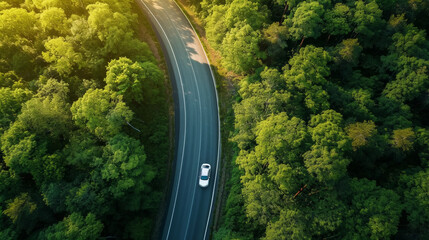 Aerial view of car driving on asphalt highway road in green forest. Sun shine. Travel concept. Generative AI