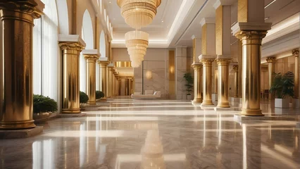 Deurstickers Gold interior of luxury lobby of modern hotel with clean shiny floor in hall and roman columns from Generative AI © sevenSkies