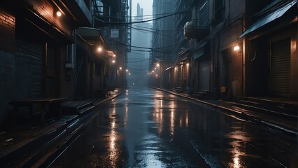 Dystopian scary dark alley way in cyberpunk city with buildings and rain from Generative AI - obrazy, fototapety, plakaty