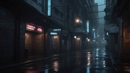 Fototapeta na wymiar Dystopian scary dark alley way in cyberpunk city with buildings and rain from Generative AI