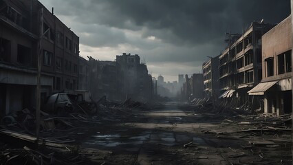 Fototapeta na wymiar A destroyed dark apocalyptic city post apocalypse after a world war from Generative AI