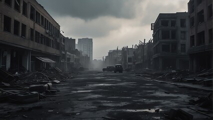 A destroyed dark apocalyptic city post apocalypse after a world war from Generative AI