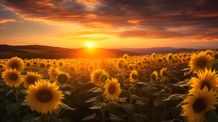 Sunflower field at sunset in summer,,
Sunset Glow Over Sunflower Field