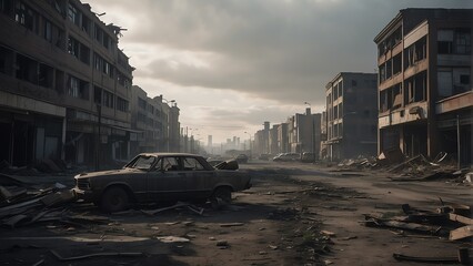 A destroyed apocalyptic city post apocalypse after a world war from Generative AI - obrazy, fototapety, plakaty