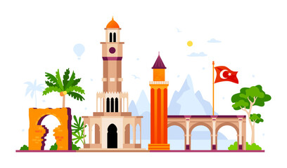 Fototapeta premium Historical monuments of Turkey - modern colored vector illustration with Arched gate in Side, Galata Tower and other landmarks. Architecture, summer vacation, mountains and nature. Landscape idea