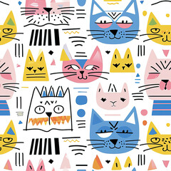 Fototapeta premium Cute cat line art simple minimalistic repeat pattern 