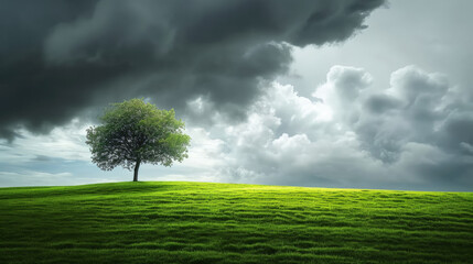 Lonely tree on a green field under a cloudy sky. Lonely tree in the field. AI generated