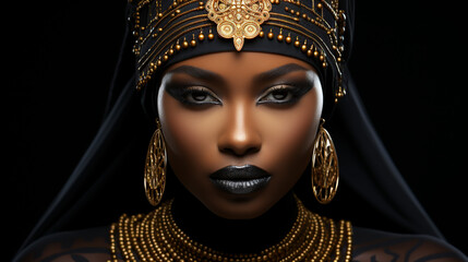Beauty woman painted in black skin color body art, gold makeup lips eyelids, fingertips nails in gold color paint. Professional gold makeup