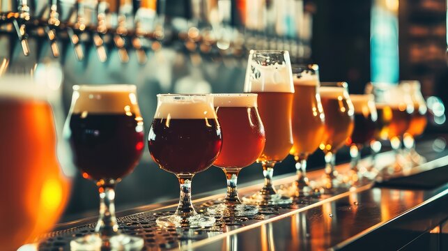 Different sorts of beer on bar table. A refreshing Radler in a shaker pint, combining beer and fruit juice for a bright and zesty taste.