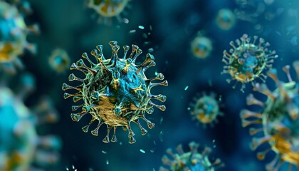 Close up macro details of red blue microbes molecules virus bacteria Coronaviru