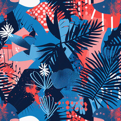 Fototapeta na wymiar Dark tropical leaf retro polka dot exotic plants repeat pattern, boho abstract