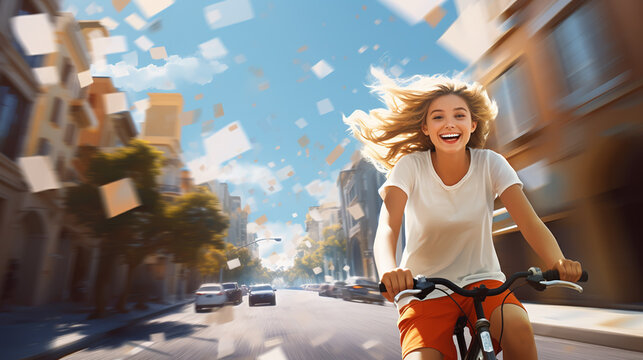 Happy young woman ride by bicycle