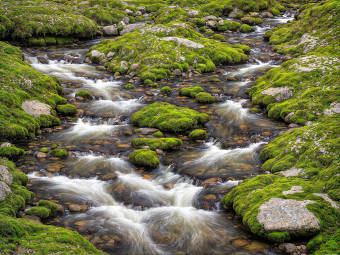 Moss-Covered Stones in a Mountain Stream