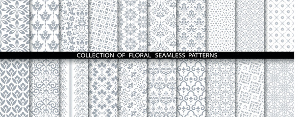 Geometric floral set of seamless patterns. White and gray vector backgrounds. Damask graphic ornaments - obrazy, fototapety, plakaty