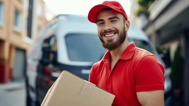 Delivery courier service. Delivery man holding a cardboard box delivering to customer home