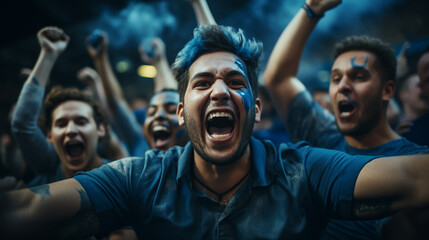 group of fans dressed in blue color watching a sports event in the stands of a stadium