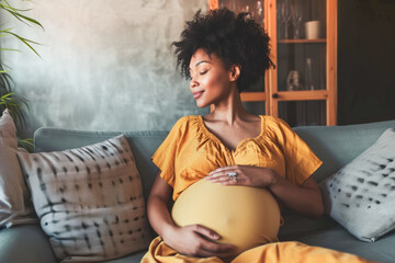 Calm young pregnant woman sitting on sofa and embracing her belly. Portrait of pregnant woman resting at her cozy home. Concept of motherhood and expecting baby.  - obrazy, fototapety, plakaty