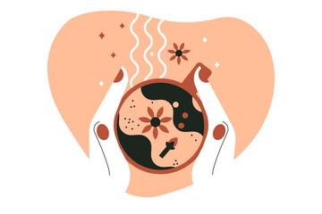 Female hands holding cup of tea or coffee with steam. Warm drink on trendy pastel background. Top view. Vector illustration. Flat trendy abstract style. Sign for recipes, menu, cafe, decor.