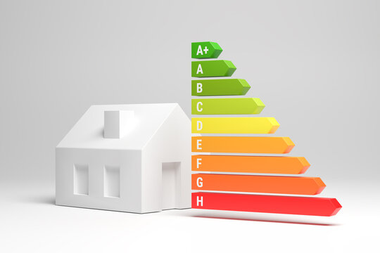 Energy Labels for houses in Germany (Energy Efficiency Classes A+ to H) concept. A model house besides the energy label arrows.