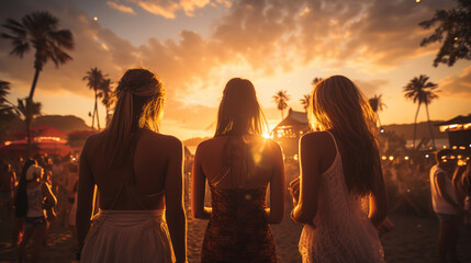 Group of happy young friends are having fun and embracing at sunset beach - obrazy, fototapety, plakaty