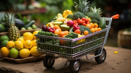 A shopping cart filled with fruits and vegetable UHD wallpaper