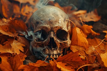 skull in autumn forest