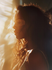 Mulher linda posando em um quarto escuro com iluminação do sol vinda de uma janela 