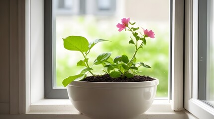 Plant in a white pot on the windowsill with green background - obrazy, fototapety, plakaty