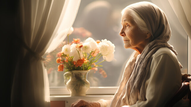 lonely old woman looks out the window