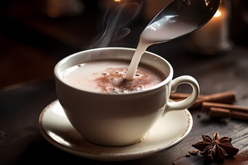 A spoon stirring milk into a steaming cup of hot cocoa, creating a comforting winter drink.