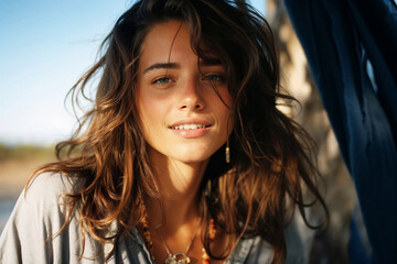 Generative AI illustration of close-up of a joyful young woman with sunlit hair and a gentle smile exuding a summery vibe by the beach