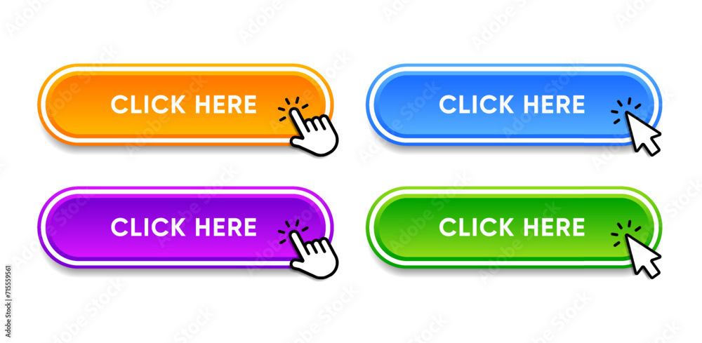 Fototapete Click here web buttons with hand cursor. Set of action button with arrow pointer. Click button. Modern action button mouse click symbol. Computer mouse click cursor or Hand pointer symbol.