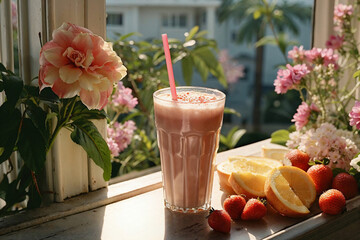 Generative AI illustration of refreshing strawberry smoothie in a tall glass with a straw next to fresh strawberries and sliced oranges