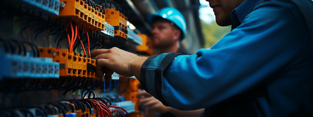 Electricity and electrical maintenance service, Engineer hand holding AC voltmeter checking electric current voltage.