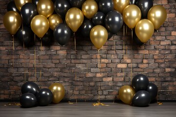 Naklejka premium gold colored balloons and black balloons on black background, invitation, backdrop