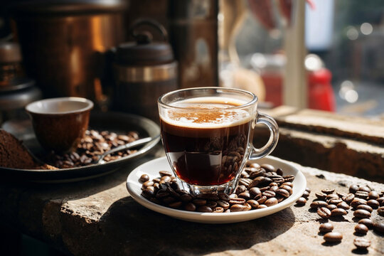 Generative AI illustration of espresso in clear glass cup on a saucer surrounded by coffee beans with rustic kitchenware in the softly lit background - Powered by Adobe