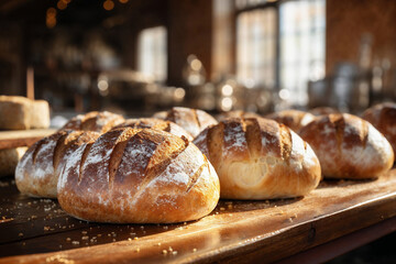 Generative AI illustration of freshly baked sourdough bread loaves cooling on a wooden board in a rustic kitchen with a warm ambient atmosphere