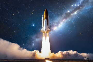 New space shuttle with a light trail flies into the amazing starry sky. Beginning a space mi