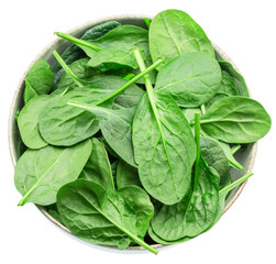 Green fresh spinach leaves in the bowl on white background. Clipping path.