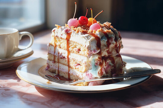 Generative AI illustration of slice of layered cake topped with nuts and cherries beside a coffee cup on a plate with a fork under gentle sunlight - Powered by Adobe