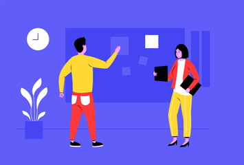 Obraz premium Office workers at workplace. Colleagues planning tasks, checking board. Employees collaborating together