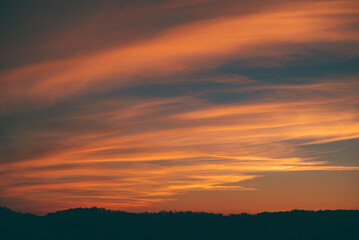 Vibrant sunset seen from the wild forest. Pastel colors in the evening sky. Cloud formations in abstract shapes